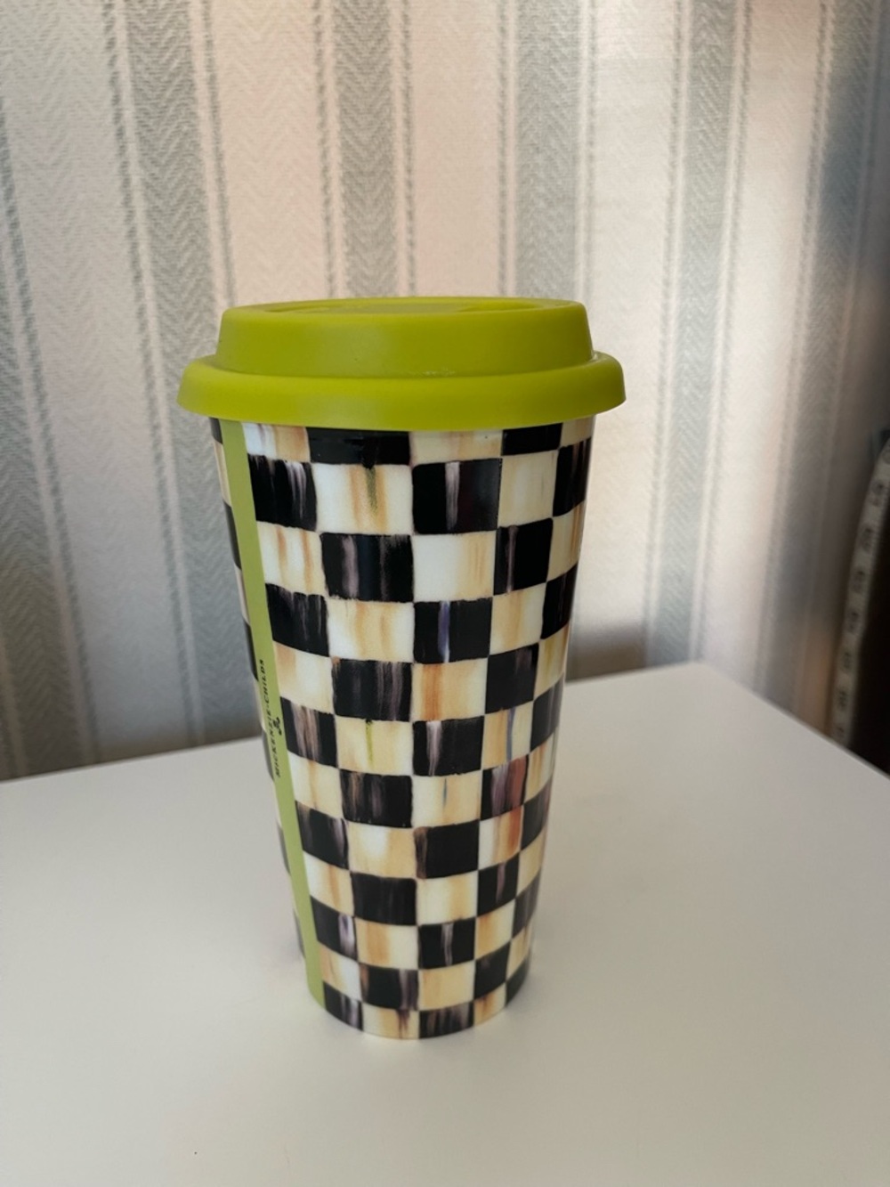 MacKenzie-Childs Courtly Check Ceramic Travel Cup with a silicone lid